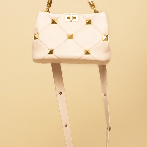 Beige Quilted Leather Gold Studded Top Handle Handbag with Studded Strap - Picture 2 of 5